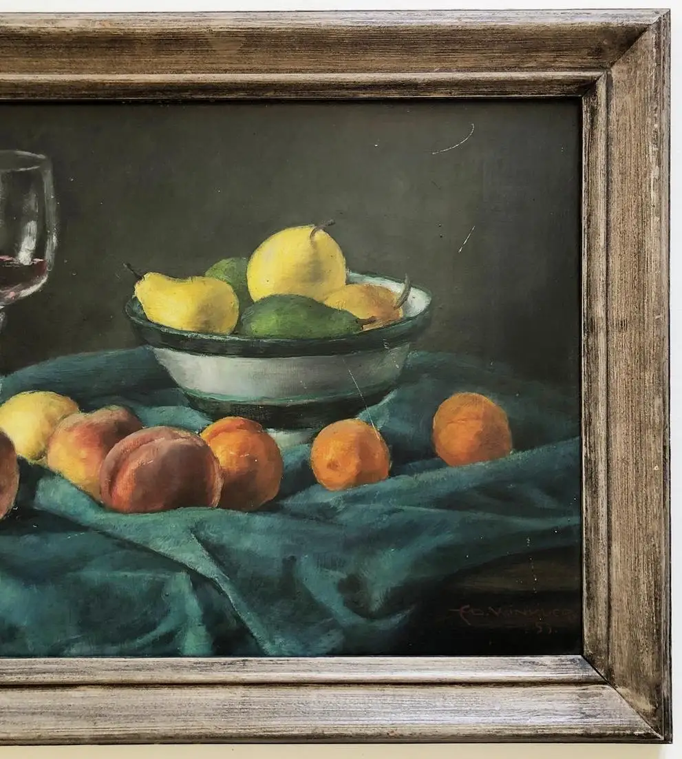 Stillleben mit einem Glas Wein, Pfirsichen und Birnen. 2