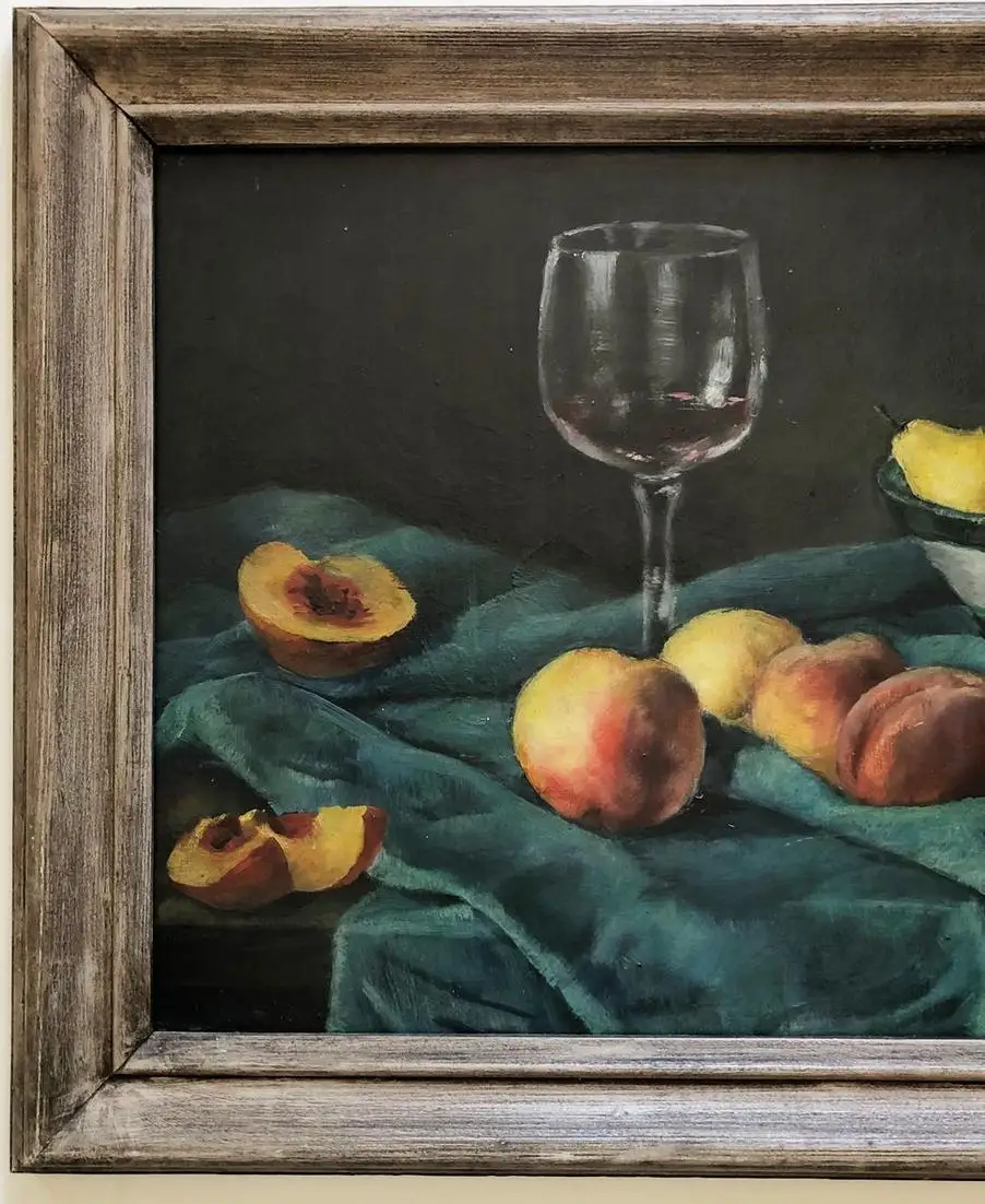 Stillleben mit einem Glas Wein, Pfirsichen und Birnen. 3