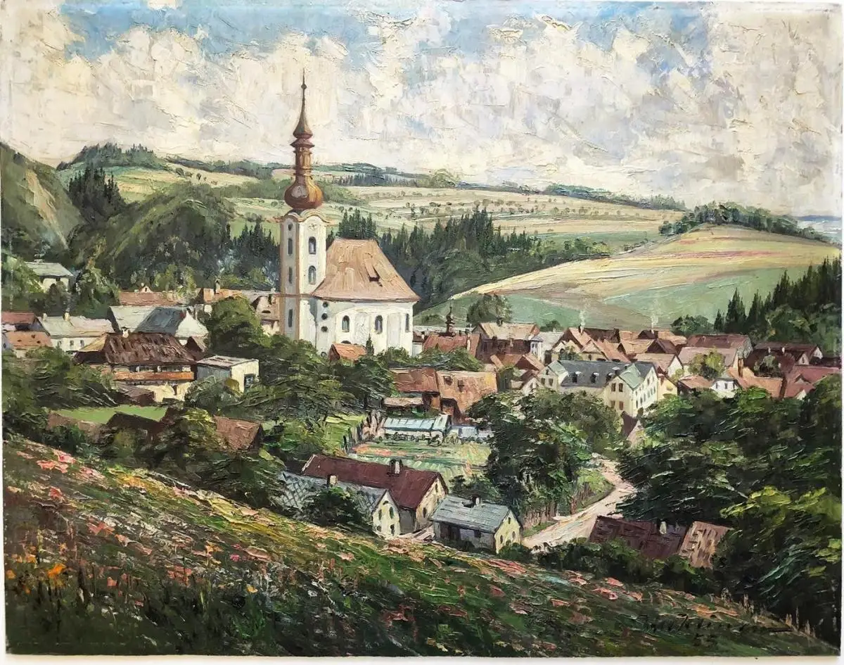Dorfansicht mit Kirche (wohl im Berchtesgadener Land, Chiemgau, Salzburger Land) 0