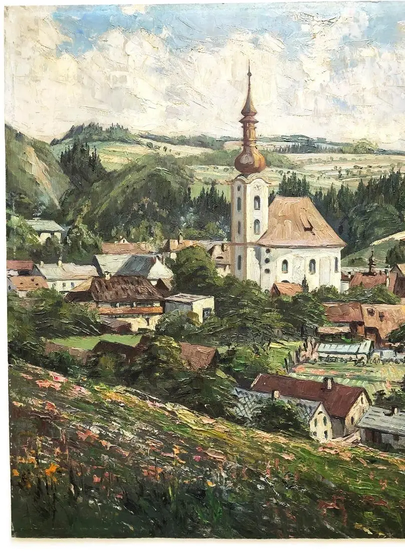 Dorfansicht mit Kirche (wohl im Berchtesgadener Land, Chiemgau, Salzburger Land) 3