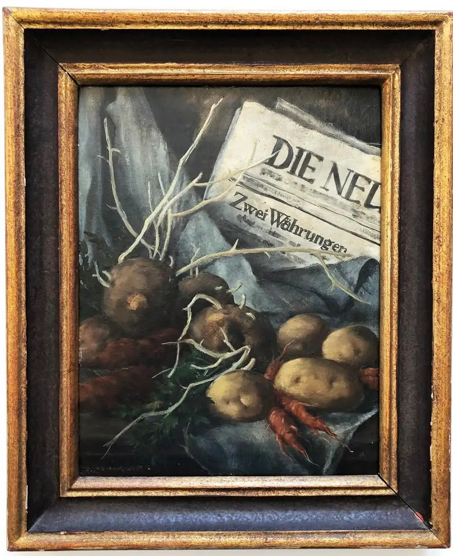 Stillleben mit Zeitung, Kartoffeln und Möhren 0