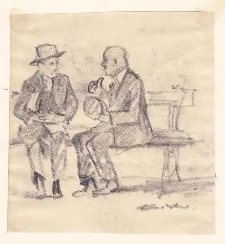 (Zwei Männer auf einer Parkbank) - Skizze sketch dessin