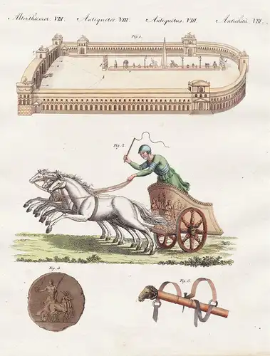 Alterthümer VIII. - 1) Circus der alten Römer. - 2) Eine Quadriga. - 3) Deichel und Joch des Rennwagens. - 4)