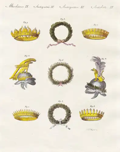 Alterthümer IX. - 1) u. 2) Die Stralenkrone. - 3) u. 4) Die Loorbeerkrone. - 5) Die Bürgerkrone. - 6) Die Bela