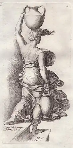 Woman walking down the stairs with a jug of water on her head and one in her hand (Plate 18)