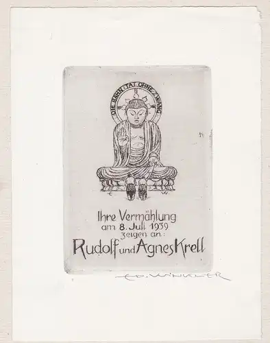 Ihre Vermählung am 8. Juli 1939 zeigen an: Rudolf und Agnes Krell - Hochzeit Heirat Heiratsanzeige Buddha Budd