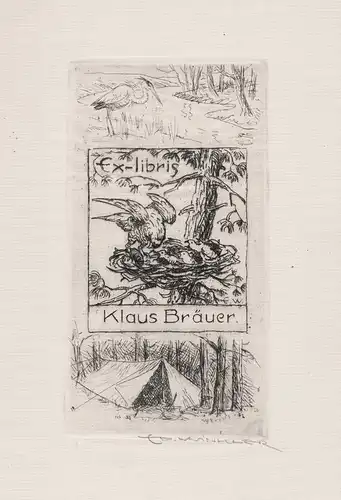 Exlibris für Klaus Bräuer / Vögel Storch Zelt