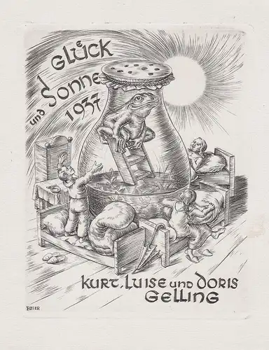 Glück und Sonne 1937. Kurt, Luise und Doris Gelling. - Neujahresgruß Frosch Glas