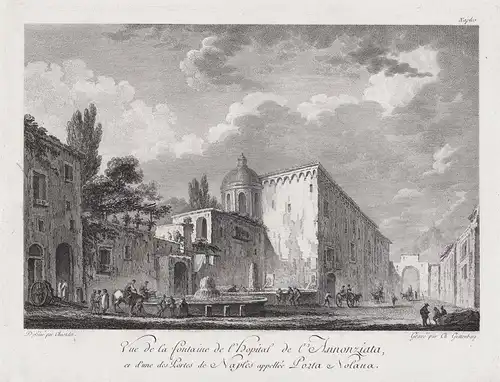 Vue de la Fontaine de l'Hopital de l'Annonziata, et d'une des Portes de Naples appellé Porta Nolana - Ospedale
