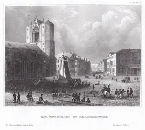 Der Burgplatz in Braunschweig -  Braunschweig Burgplatz Kirche Militär Niedersachsen engraving Stahlstich