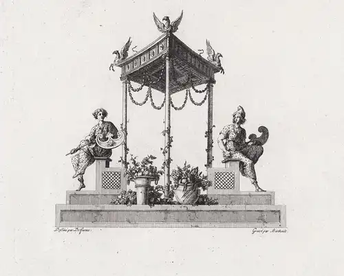Ornamental engraving with an ancient pavillion and two figures at its sides