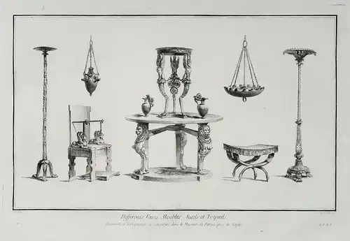 Differents Vases, Meubles, Autels et Trepieds decouverts a Herculanum et conserves dans le Museum de Portici p