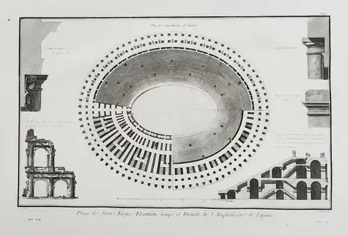 Plans des divers Etages, Elevation, Coupe et Details de l'Amphitheatre de Capoue - Capua Amphitheatre Amphithe