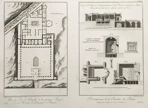 Plan du Rez de Chaußée et du premier Etage... / Developement de la Chambre des Bains - Pompeii Pompei Plan map
