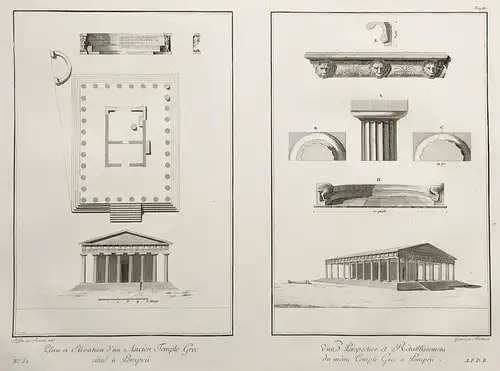 Plan et Elevation d'un Ancien Temple Grec situé a Pompeii / Vue Perspective et Retablissement du meme Temple G