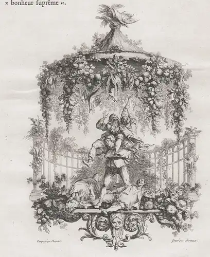 Ornamental engraving with gourmands trying to reach food