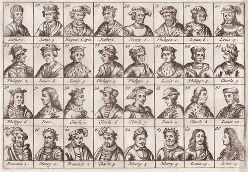(Small portraits of various Salian Franks rulers: Lotaire, Louis, Hugues Capet, Robert, Henry, Philippe...) -