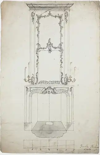 Design for a chimney with mirror / Kamin Spiegel Rokoko Rococo architecture Architektur dessin