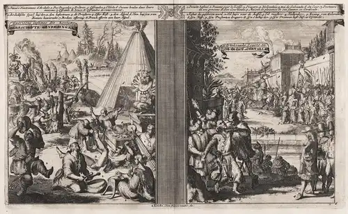 Onbeschofte Genee singen / Tolrecht en Gevalle  / Two images on one engraving. On the left, the masters of med