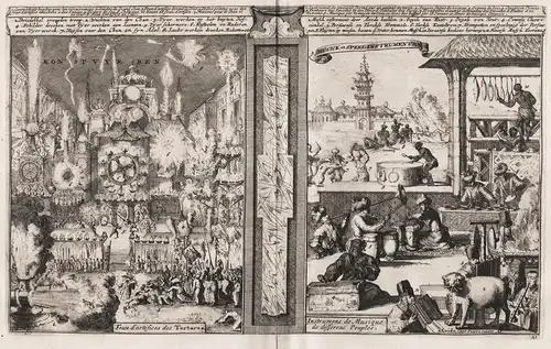 Feux d'artifices des Tartares / Instrumens de Musique de differens Peuples / Engraving depicting fireworks of