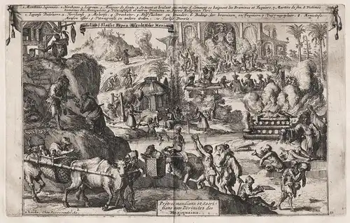 Pretres mendians et Sacrifians aux Divinitez des Mexiquains / Engraving depicting the religious practices of t