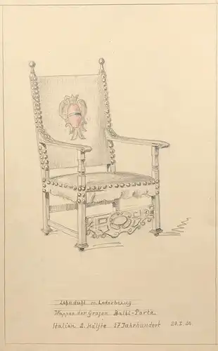 Lehnstuhl m. Lederbezzug - Wappen der Grafen Balbi-Porta, Italien 2. Hälfte 17. Jahrhundert --  Stuhl Chair ar