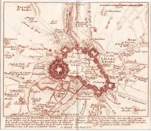 Het bemagtigen van het Kasteel van Ryssel, ... - Lille Hauts-de-France carte Karte map Frankreich Fortifikatio