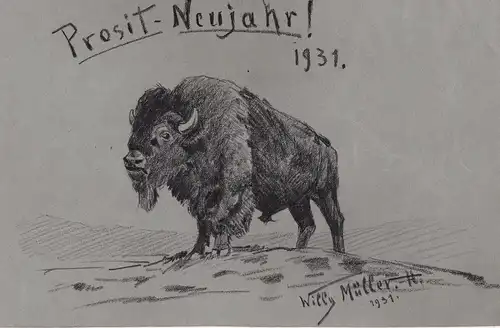 Prosit-Neujahr 1931! - Büffel bison Buffalo / Tiere animals / Zoologie zoology / Tiermaler animal painter / Ze