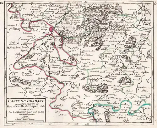 Carte du Brabant ou sont les Mairies de Roo, de Nivelle, de Hulpen, et de Geneppe. - Geneppe / Halle / Waterlo