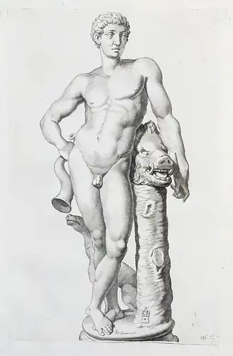 Nude male with the head of a wild boar and a dog - Statue / sculpture / mythology / Mythologie