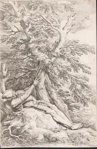 Saint William of Maleval, hands tied with rope fastened to a tree. / Der Heilige Wilhelm von Maleval, die Händ