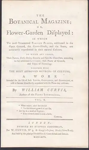 The Botanical Magazine or Flower-Garden Displayed - Vol. X Titelblatt Titel title Index / flower flowers Blume