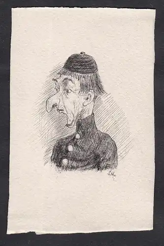 Satirical portrait of a professor at the Faculty of Law of Paris / Portrait of a man with dark hat and shirt