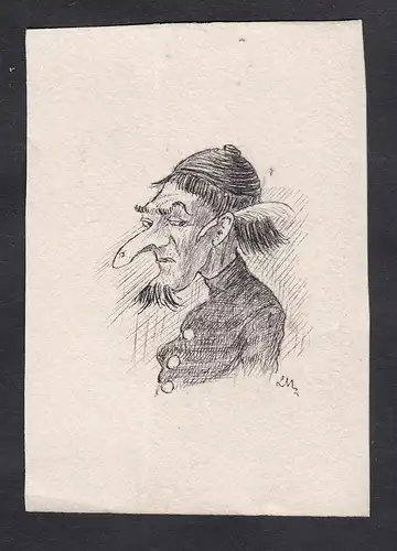 Satirical portrait of a professor at the Faculty of Law of Paris / Caricature of a man with a feather behind h