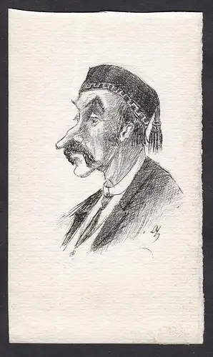 Satirical portrait of a professor at the Faculty of Law of Paris / Caricature of a man with moustache and an O