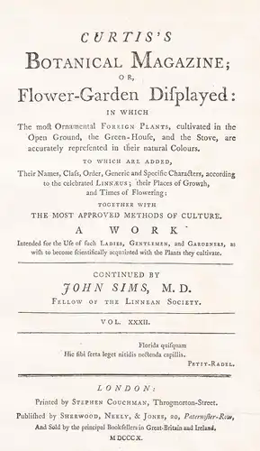 The Botanical Magazine or Flower-Garden Displayed - Vol. XXXII Titelblatt Titel title Index / flower flowers B