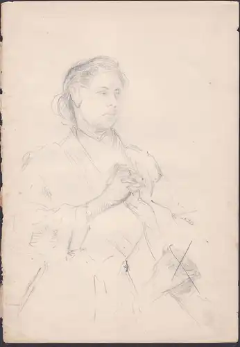 (Portrait / Skizze einer jungen Frau mit gefalteten Händen) - Frau young woman femme / Zeichnung dessin drawin