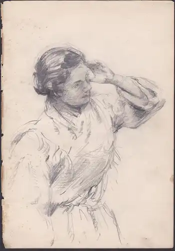 (Portrait einer jungen Frau mit erhobener Hand) - Frau young woman femme / Zeichnung dessin drawing