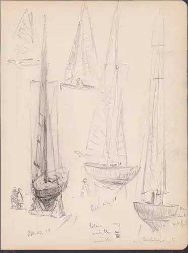 (Mehrere Segelschiffe mit handschriftlichen Notizen) - Schiffe / ships / bateaux / notes / Zeichnung dessin dr