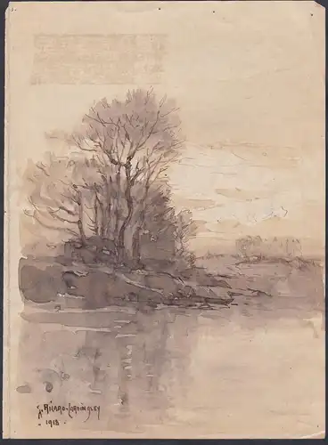 (Flusslandschaft mit Bäumen) - River landscape with trees / Aquarell watercolor aquarelle
