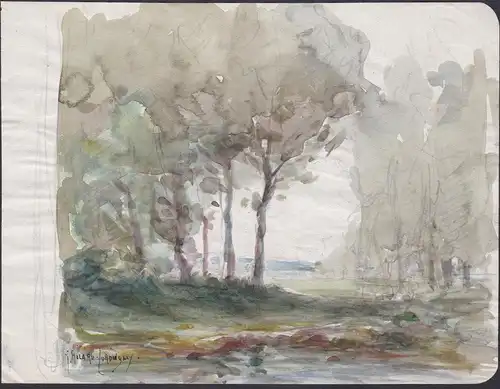(Landschaft mit Bäumen und Meer im Hintergrund) -  landscape with trees and the sea in the background / Aquare