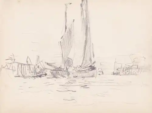 (Segelschiff im Hafen) - sailing ship in the harbor / Zeichnung dessin drawing