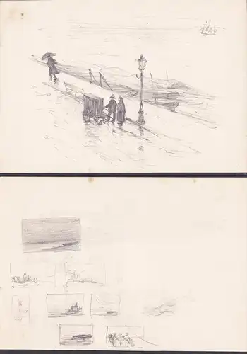 (Strandpromenade bei Regen mit Fußgängern) - People taking a stroll by the beach in the rain / Zeichnung dessi