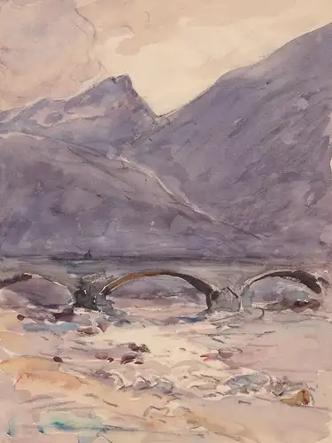 (Gebirgslandschaft mit Steinbrücke und Fluß) - mountain landscape with bridge and river / Aquarell watercolor