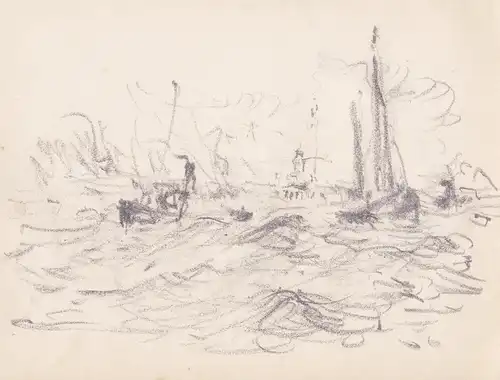 (Boote im Wasser am Hafen) - ships on the water in the harbor / Zeichnung dessin drawing