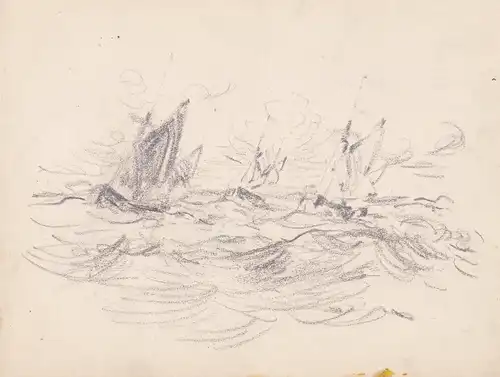 (Drei Segelschiffe bei stürmischer See) - sailing ships on the stormy sea / Zeichnung dessin drawing