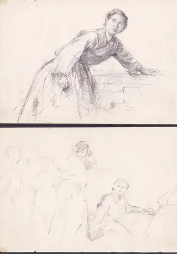 (Frau sich am Geländer festhaltend) - woman holding on to a banister / Zeichnung dessin drawing