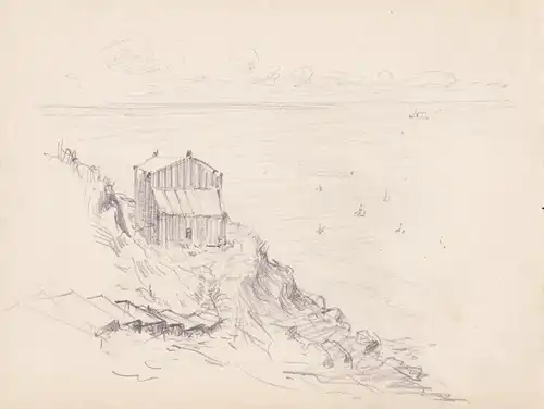 (Küstenlandschaft mit Holzhaus) - coastal landscape with wooden house / Zeichnung dessin drawing