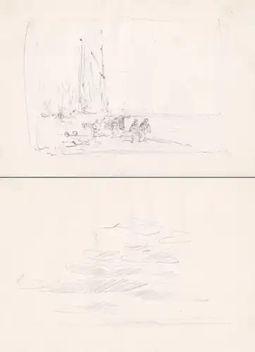 (Fischerboote und Fischer am Strand / Fishermen on the beach) - Zeichnung dessin drawing