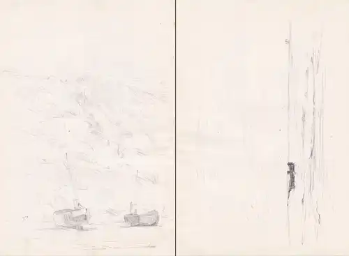(Zwei Boote an der Küste / Two boats on the shore) - paysage cotier / coastal landscape / Zeichnung dessin dra